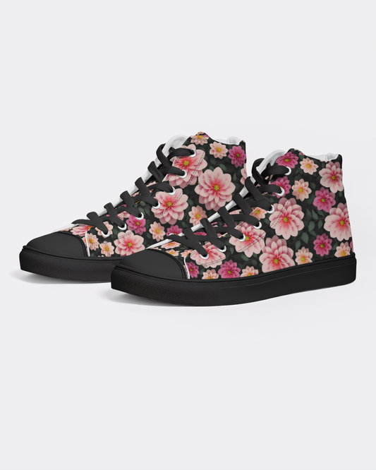 Women's Pink Dahlia High Top Canvas Shoes - Black